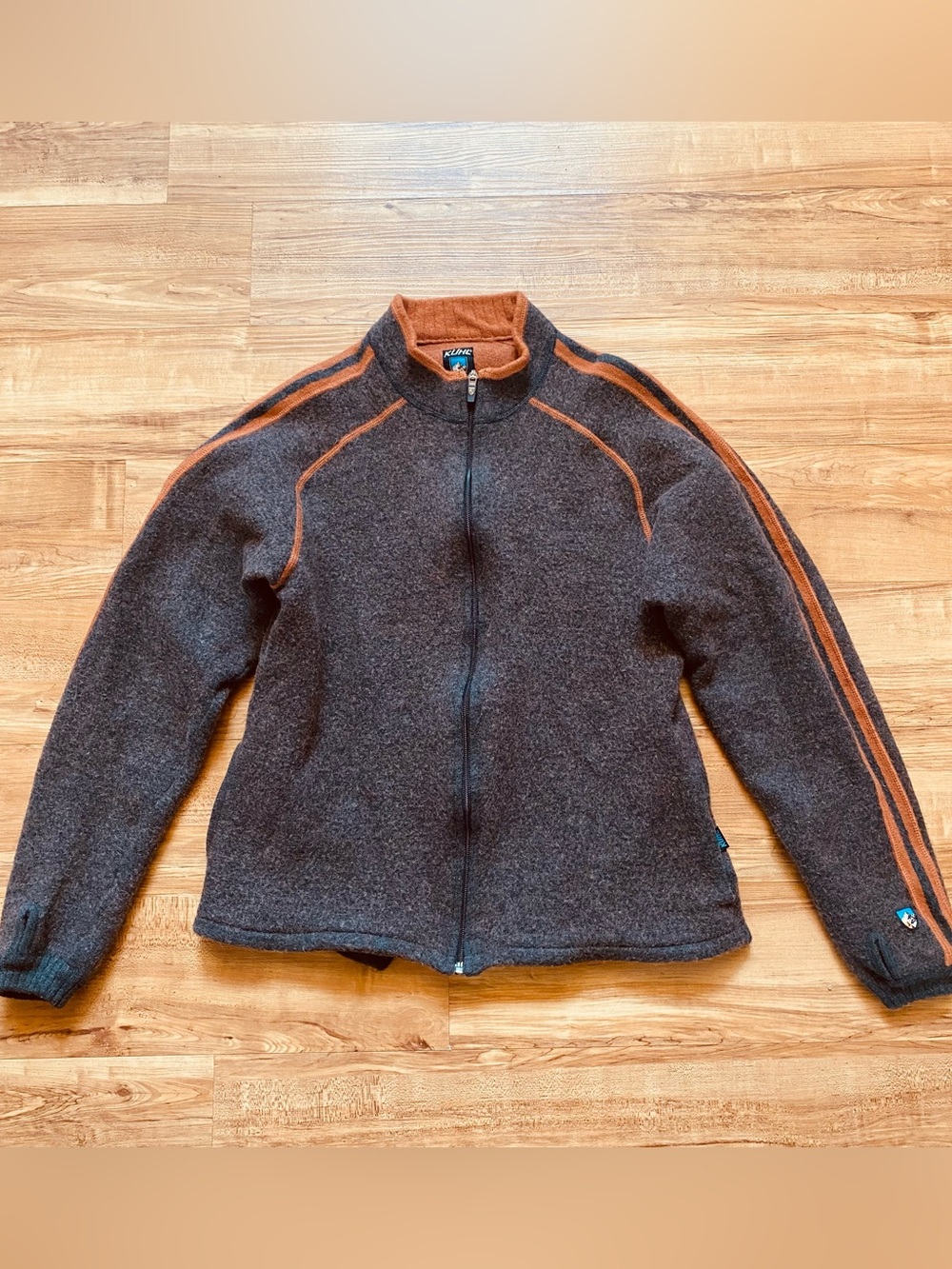 KUHL Women L Full Zip Brown Orange Merino Wool Fleece Zip Sweater Jacket Outdoor